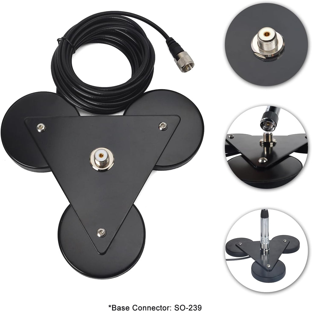 Heavy-Duty SO239 Magnetic Antenna Mount Base with Triple Magnets | W/5M(16.4 ft)RG-58 Cable PL-259 Plug