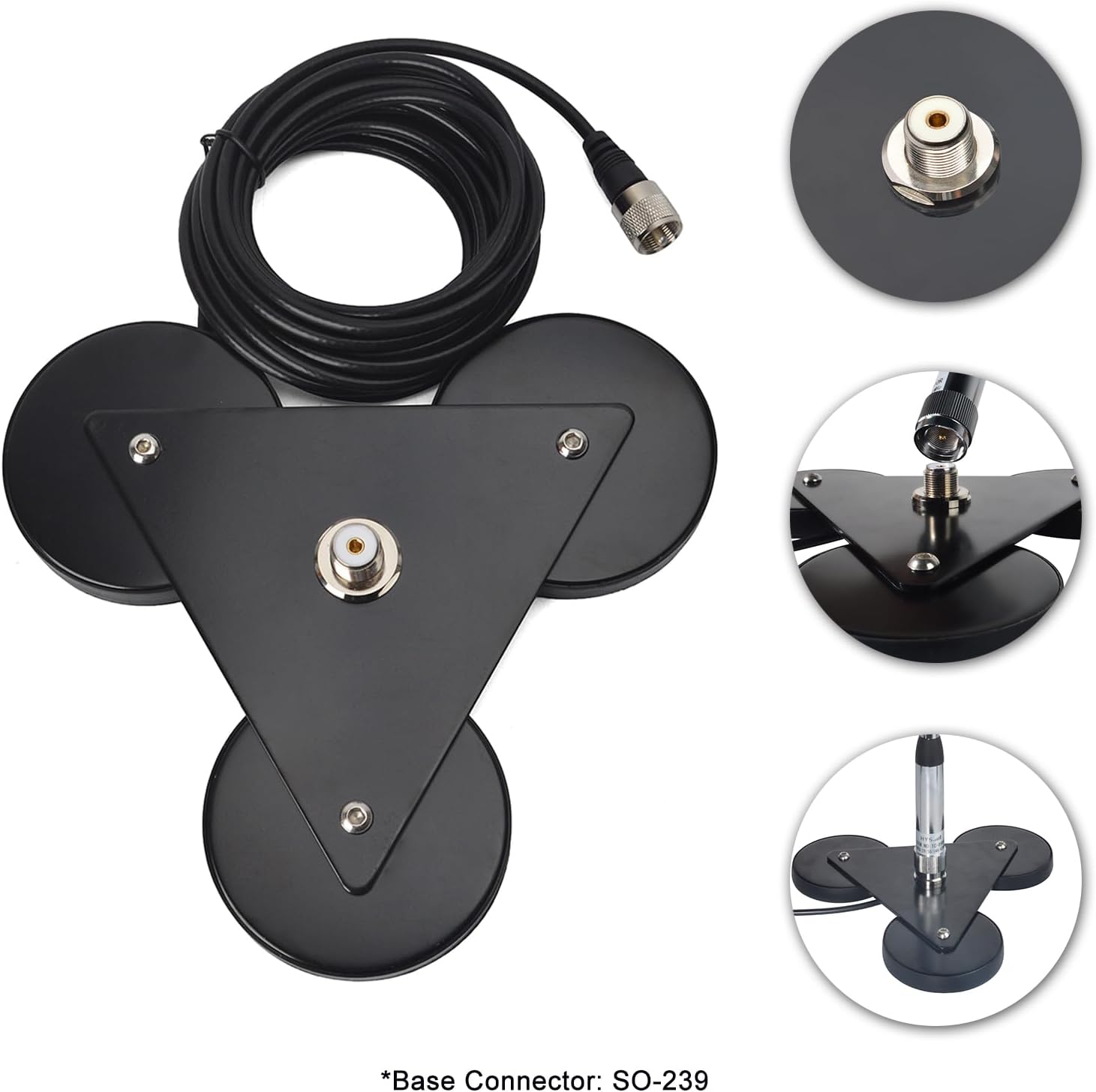 Heavy-Duty SO239 Magnetic Antenna Mount Base with Triple Magnets | W/5M(16.4 ft)RG-58 Cable PL-259 Plug