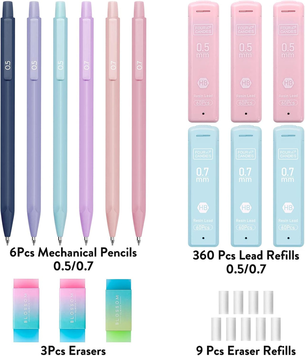 Cute Mechanical Pencil Set, 6-Pack 0.5/0.7mm | 360 Lead Refills, 3 Erasers, 9 Eraser Refills, Storage Case, Back to