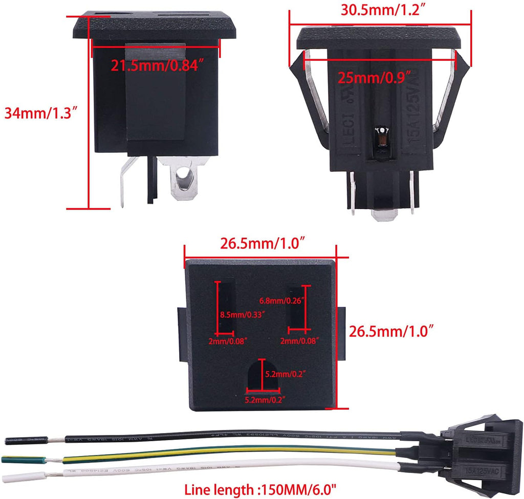 3Pcs 3 Pins US Power Socket Plug Panel 15A 125V AC Panel Mount Outlet Industrial Plug Female Connectors Adapter With