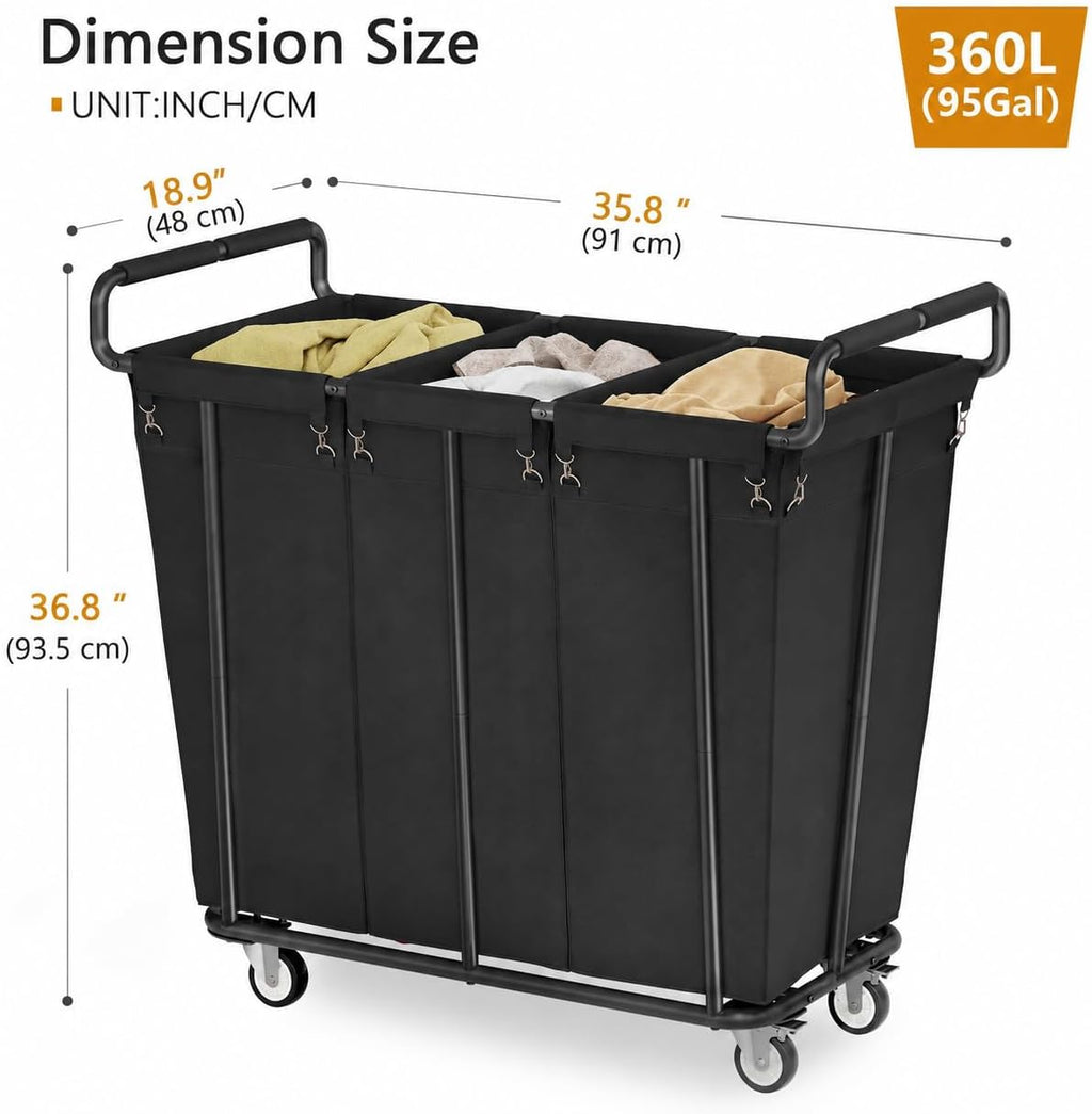 3 Section Heavy Duty Laundry Sorter Cart with Wheels, 360L, Black | Rolling Laundry Hamper Sorter Cart, Extra Large