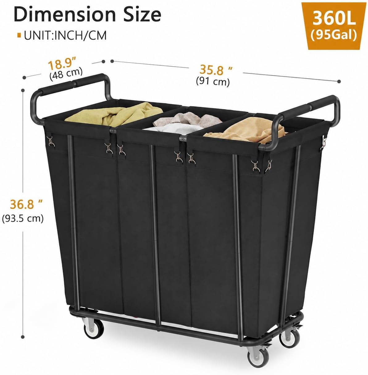 3 Section Heavy Duty Laundry Sorter Cart with Wheels, 360L, Black | Rolling Laundry Hamper Sorter Cart, Extra Large