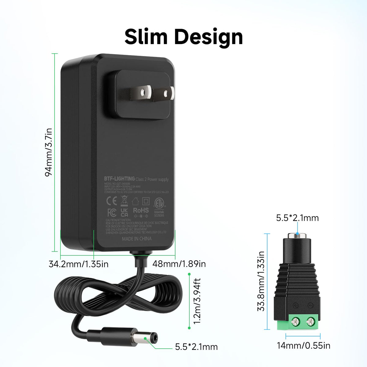 BTF-LIGHTING 24V 3A 72W Power Supply Adapter ETL Listed, Class 2