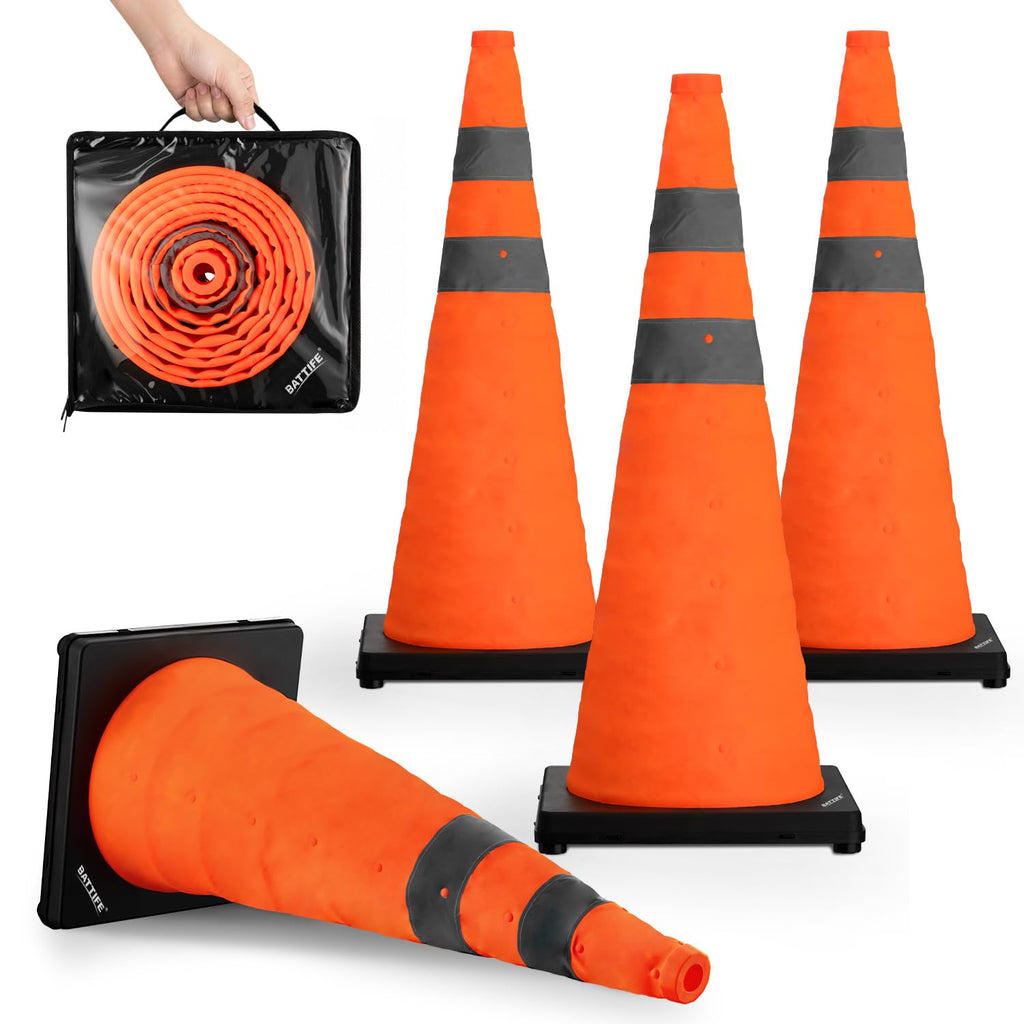 28 inch Collapsible Traffic Safety Cones Orange Plastic Base 4 Pack | Collapsible folds flat, reflective strips