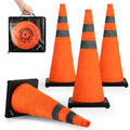 28 inch Collapsible Traffic Safety Cones Orange Plastic Base 4 Pack | Collapsible folds flat, reflective strips