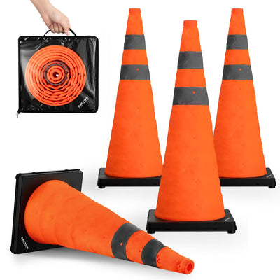 28 inch Collapsible Traffic Safety Cones Orange Plastic Base 4 Pack | Collapsible folds flat, reflective strips