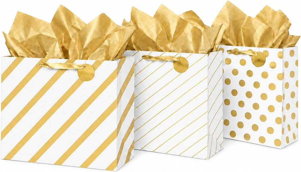 Large Gift Bags, White & Gold Design, Tissue Paper, 3 Pack
