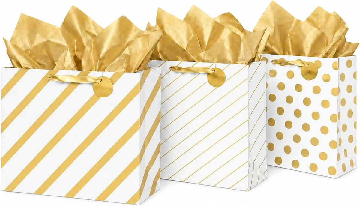 Large Gift Bags, White & Gold Design, Tissue Paper, 3 Pack