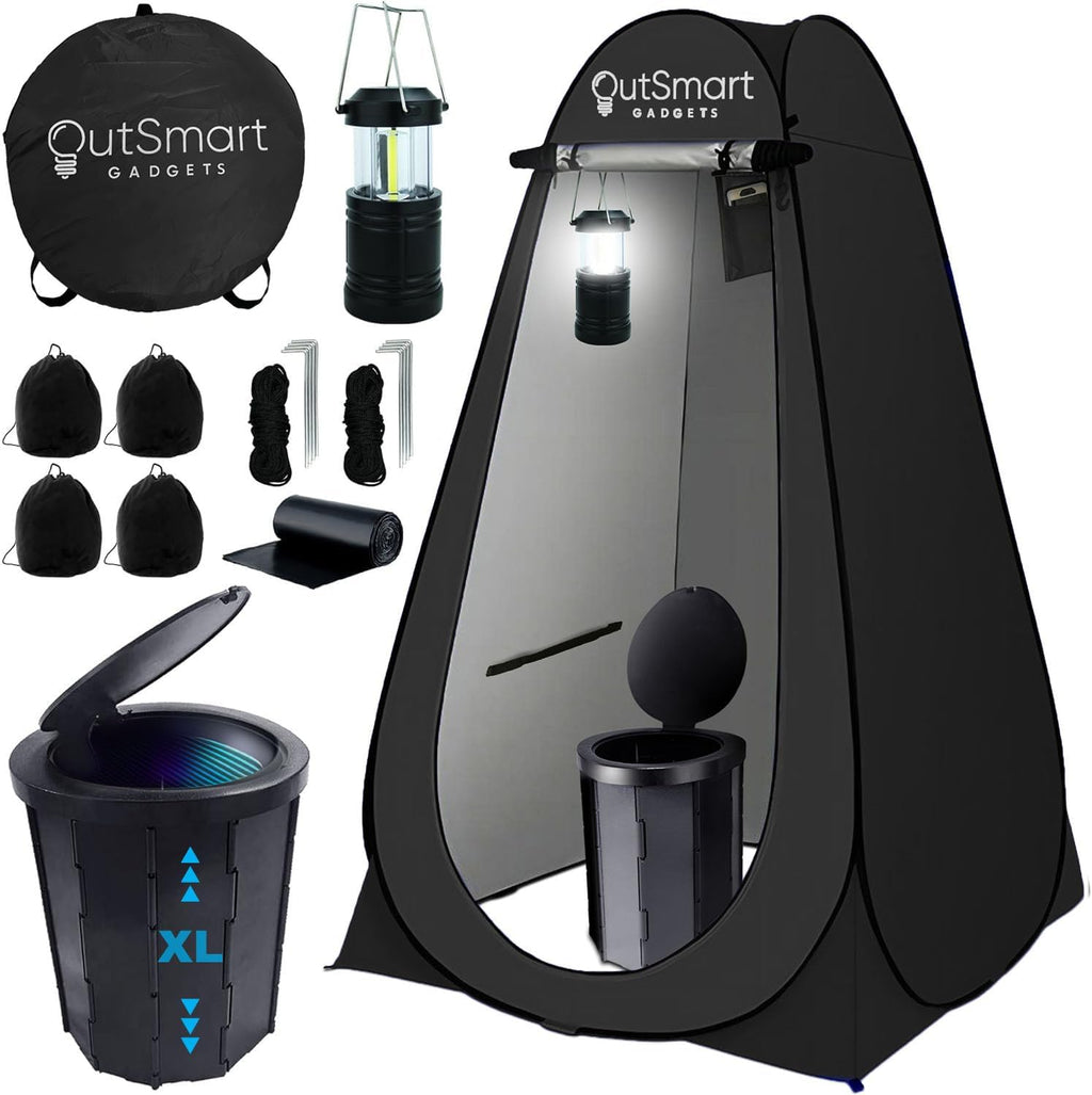Outdoor Portable Toilet Set for Adults with Camping Night Lantern, Folding XL Toilet, Pop Up Privacy Tent and Carry