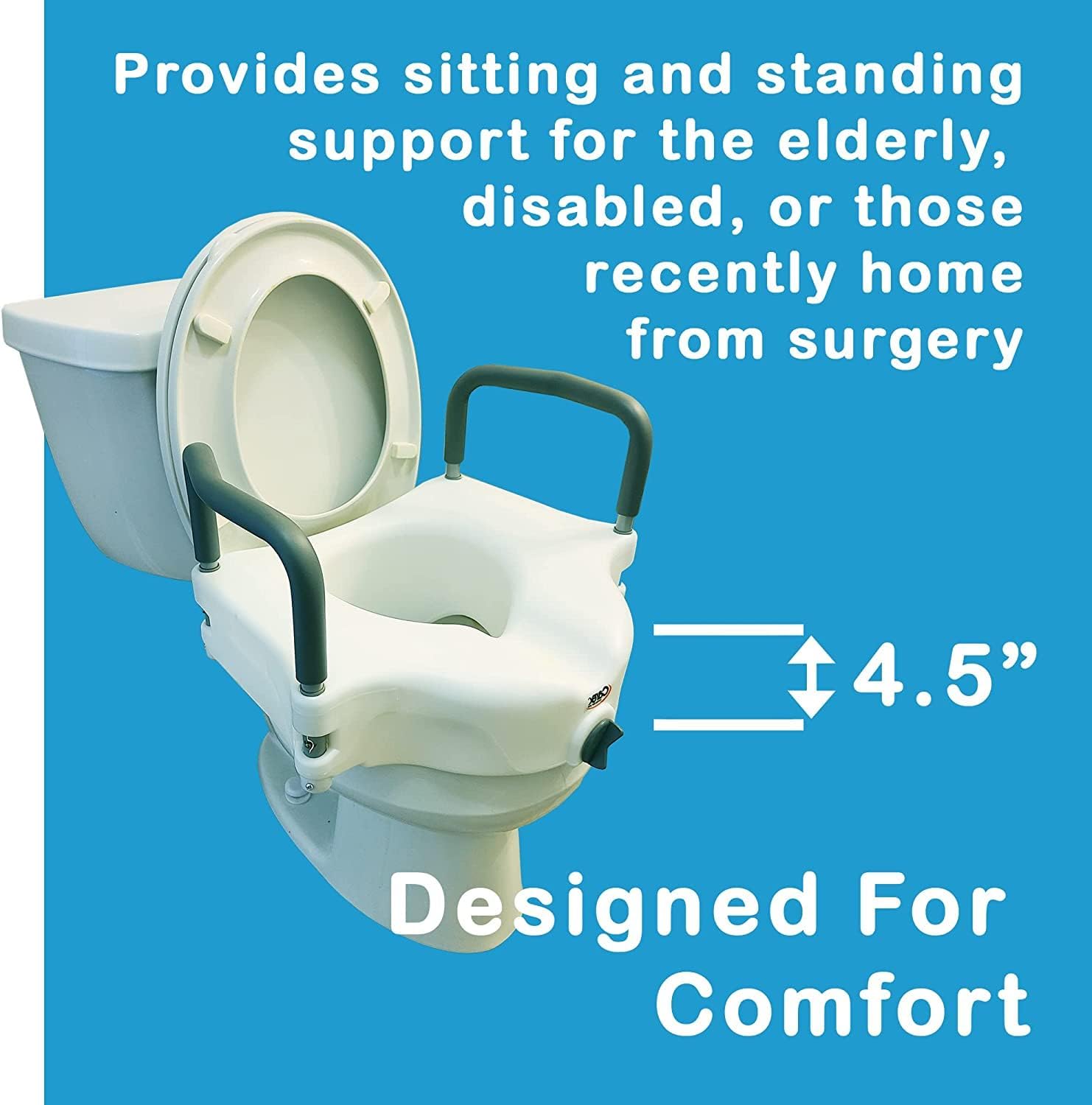 E-Z Lock Raised Toilet Seat with Handles, 4.5 Inch Toilet Seat Riser with Arms, Toilet Riser Fits Most Toilets