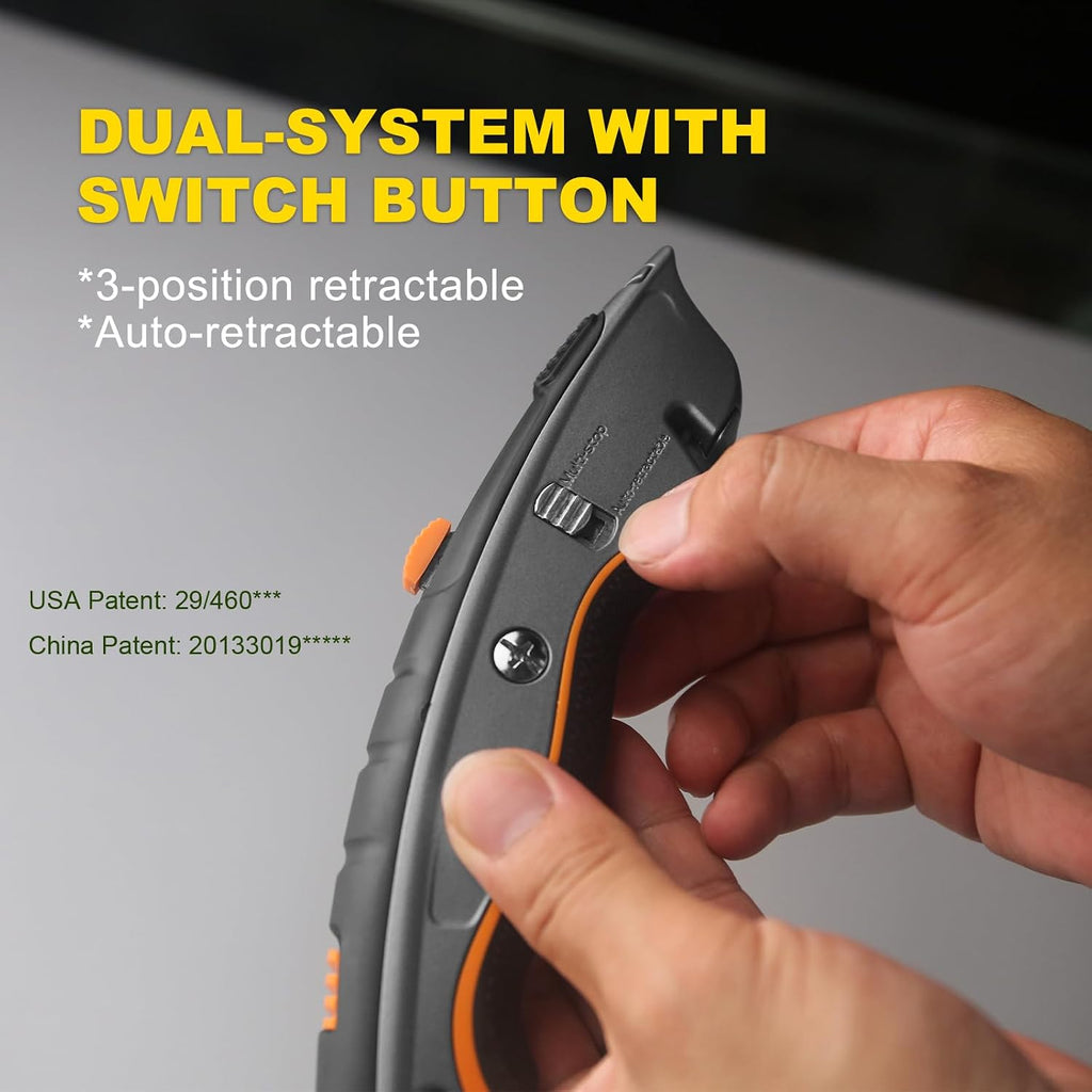 Dual-system Safety Utility Knife with Auto-retractable & 3-position Retractable, 2-in-1 Heavy Duty Box Cutter with