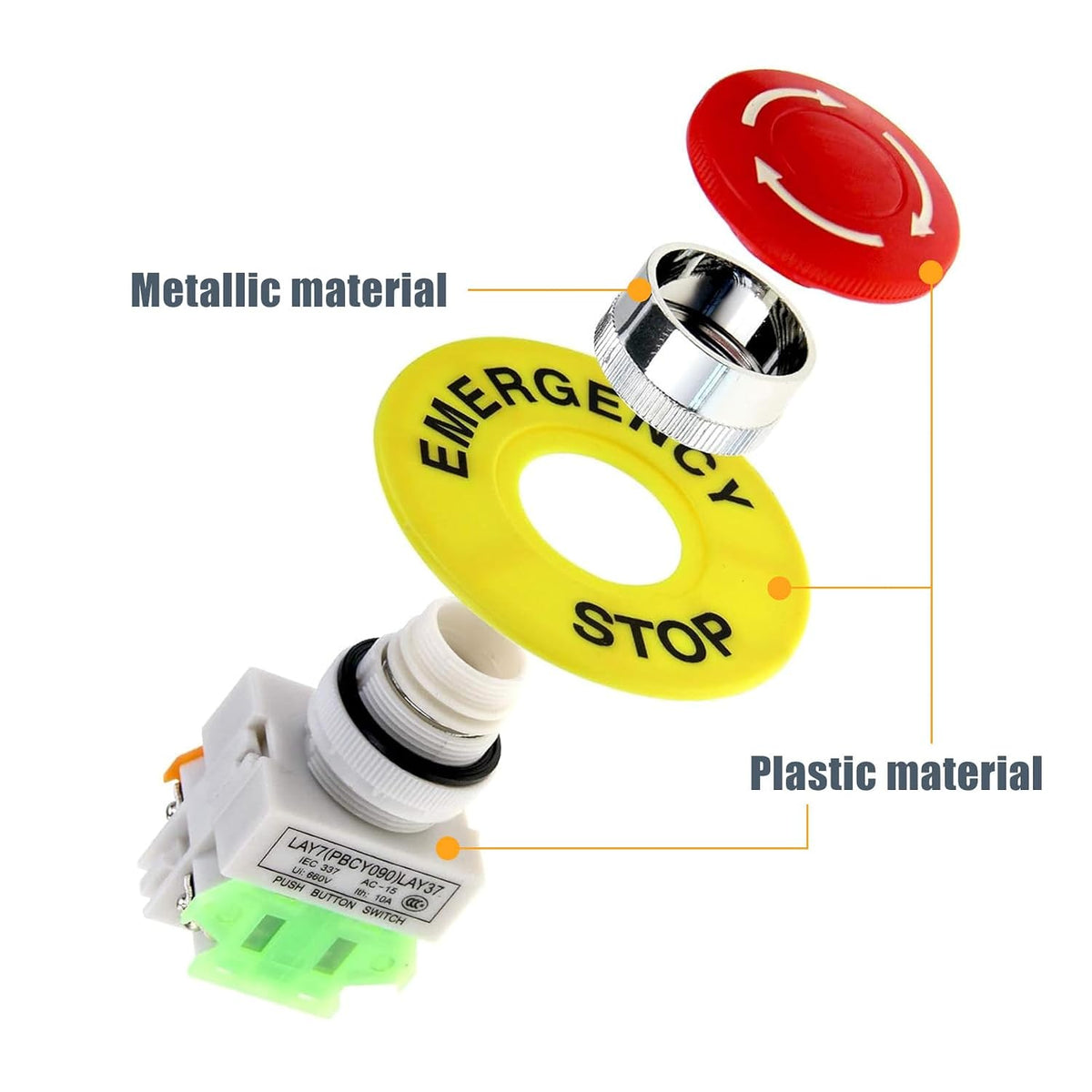 22mm Emergency Stop Push Button Switch Red Mushroom Cap E-Stop Push Button Switch with 60mm Emergency Stop Sign 1NO 1NC DPST AC 660V 10A Self Lock (2PCS)