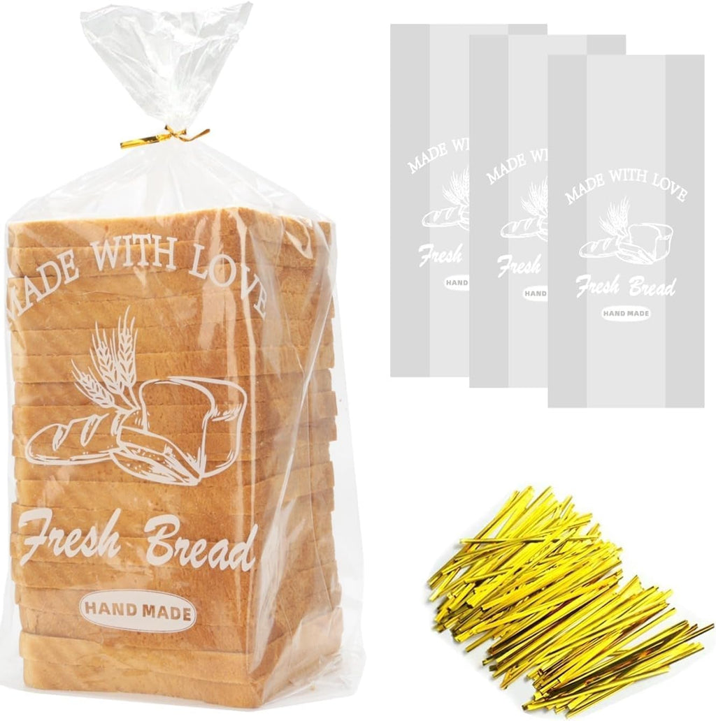 Bread Loaf Packing Bags with Ties, Large Bakery Bread Plastic Bags, 8' x 4' x 18', 100 Pack, Reusable Adjustable