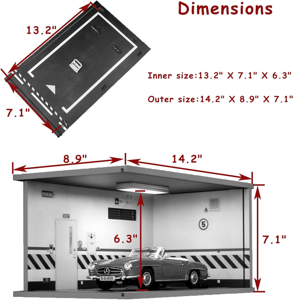1/18 Scale Model Car Display Case - 1:18 Car Garage Display Case with Clear Acrylic Cover and LED Lighting for