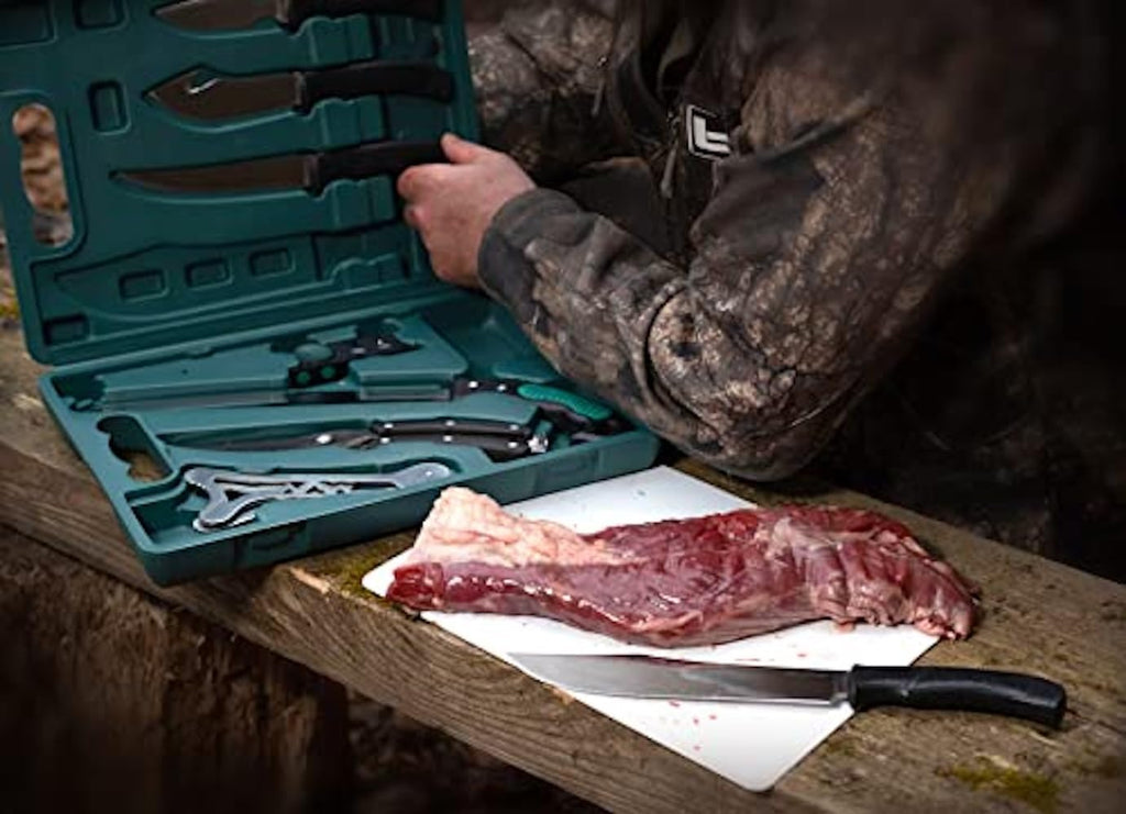 Game-Pro 11-Piece Butcher Knife Set | Caping & Boning Knives, Deer Skinning Knife, Bone Saw, Game Shears, Sharpener &