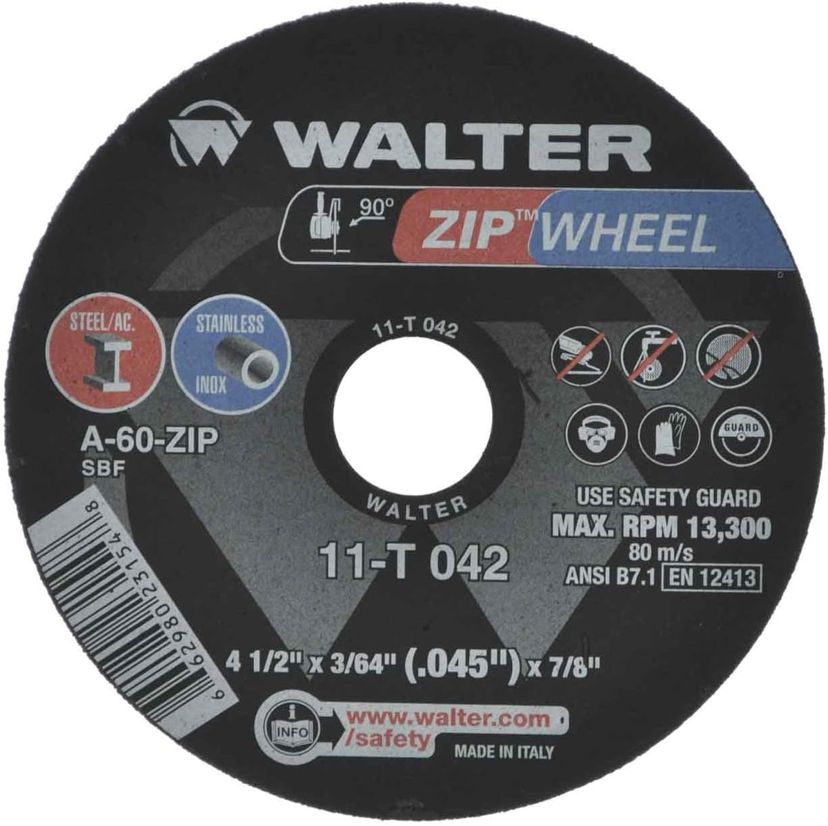 Walter Surface Technologies 11T042 ZIPCUT 4.5X3/64X7/8'' T1 CUT-OFF WHEEL, 25 Pack