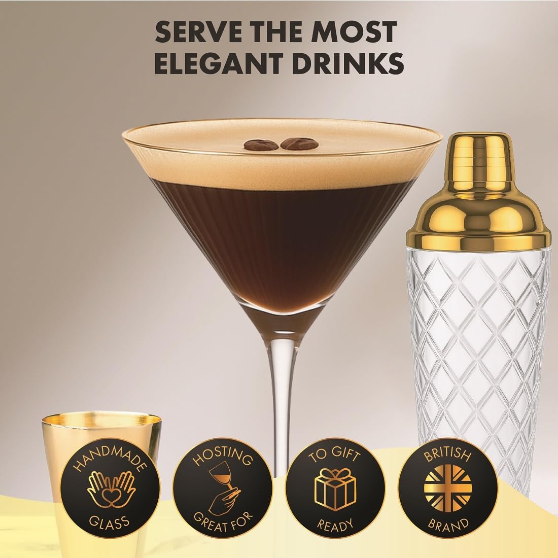 Gold Cocktail Shaker Set + 2 Ribbed Martini Glasses & Bar Tools