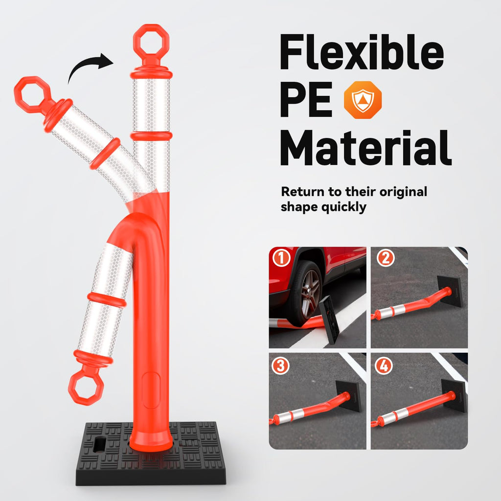 6 Pack 42" Traffic Delineator Posts, Tall Cones for Parking | Detachable Base Stores Easily; Reflective Strips