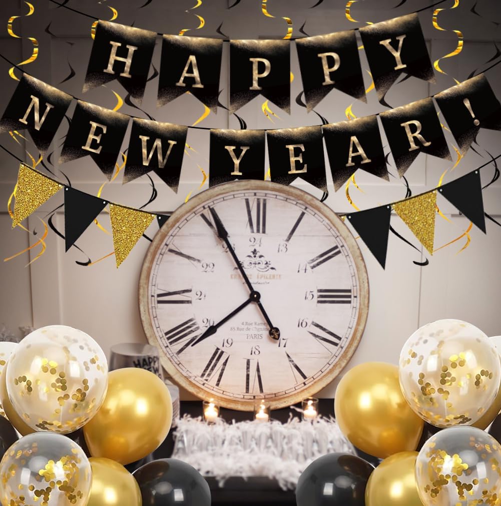 Happy New Year Eve Party Supplies 2027– Complete New Years Decorations Set with Happy New Year Banner, Black & Gold