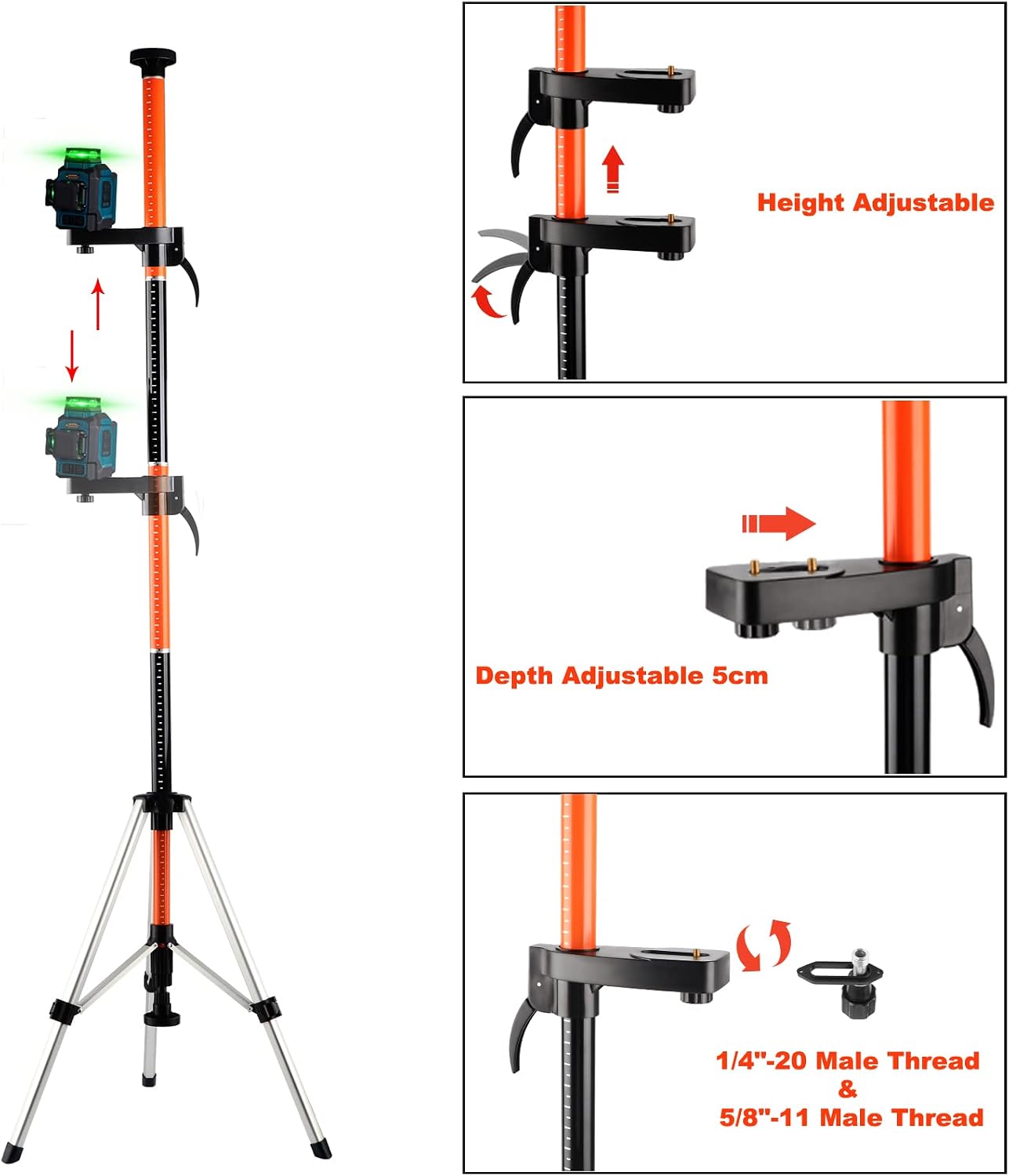 Laser Level Pole with Tripod,12Ft./3.7M Telescoping Pole for Laser Levels,1/4”-20 Laser Mount for Rotary and Line
