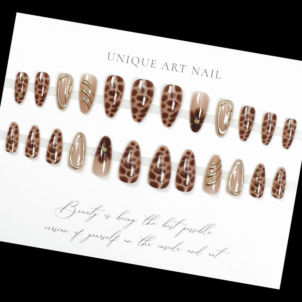 Brown Almond Press on Nails - Medium Leopard Fake Nails with 3D Gold&Flower Designs, Glossy Finished Reusable False