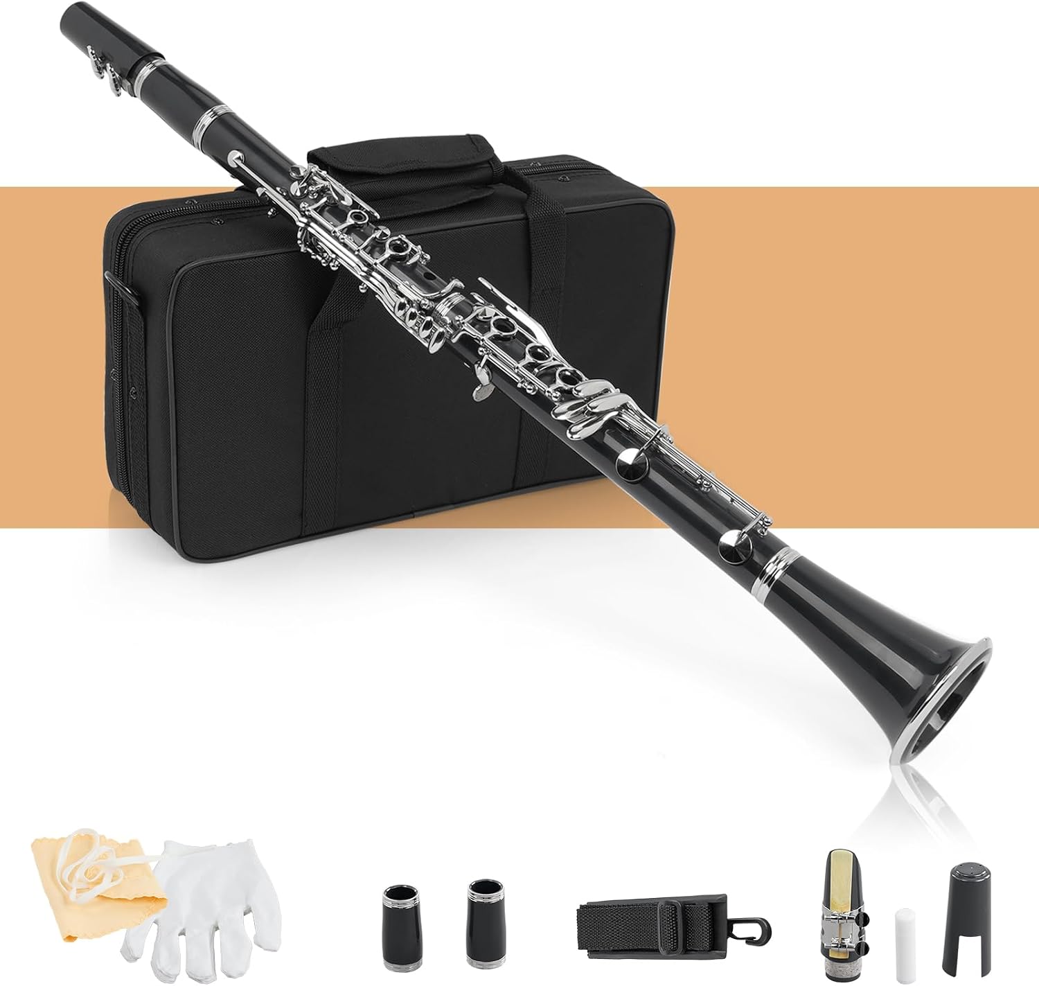 B Flat Clarinet with Gig Case for Beginners Student, Black | Band & Orchestra Bakelite Clarinete Set, Musical