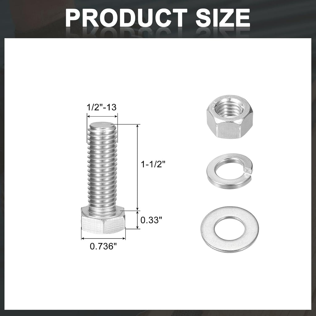 uxcell 20Set Hex Head Screw Bolt, 1/2-13 x 1-1/2" 304 Stainless Steel Fully Threaded Screw Bolt with Nuts, Flat & Lock Washers, Silver
