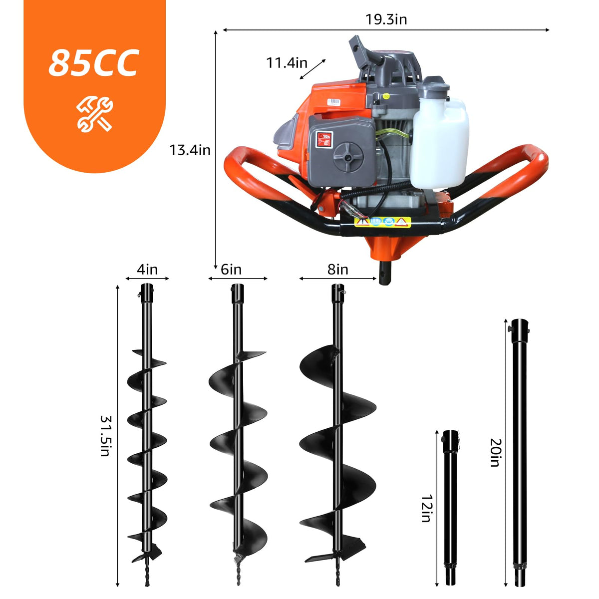 85CC 2-Stroke Gas Powered Post Hole Digger with 4" & 6" & 8" Auger Bits + 12" & 20" Extension Rod, Heavy Duty Earth