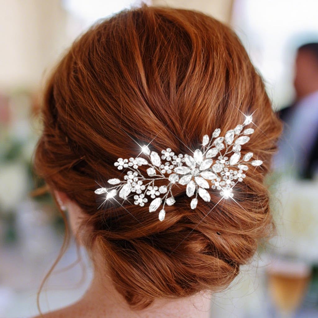 Crystal Bridal Hair Combs Rhinestones Hairpieces Flower Wedding Clips Accessories for Brides and Women Pack of 1(Silver)