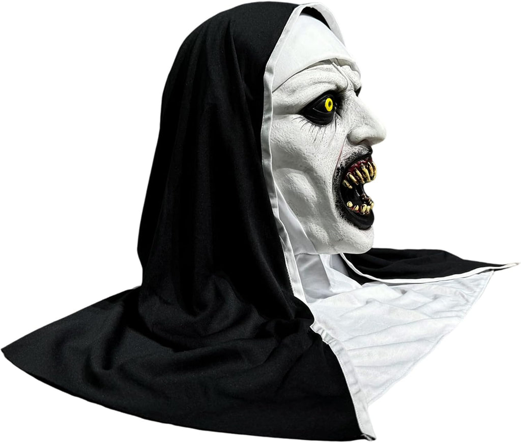 Nun Scary Latex Mask Halloween Party Horror Nun Mask Full Head Costume Creepy Mask with Cross Necklace(Fang)