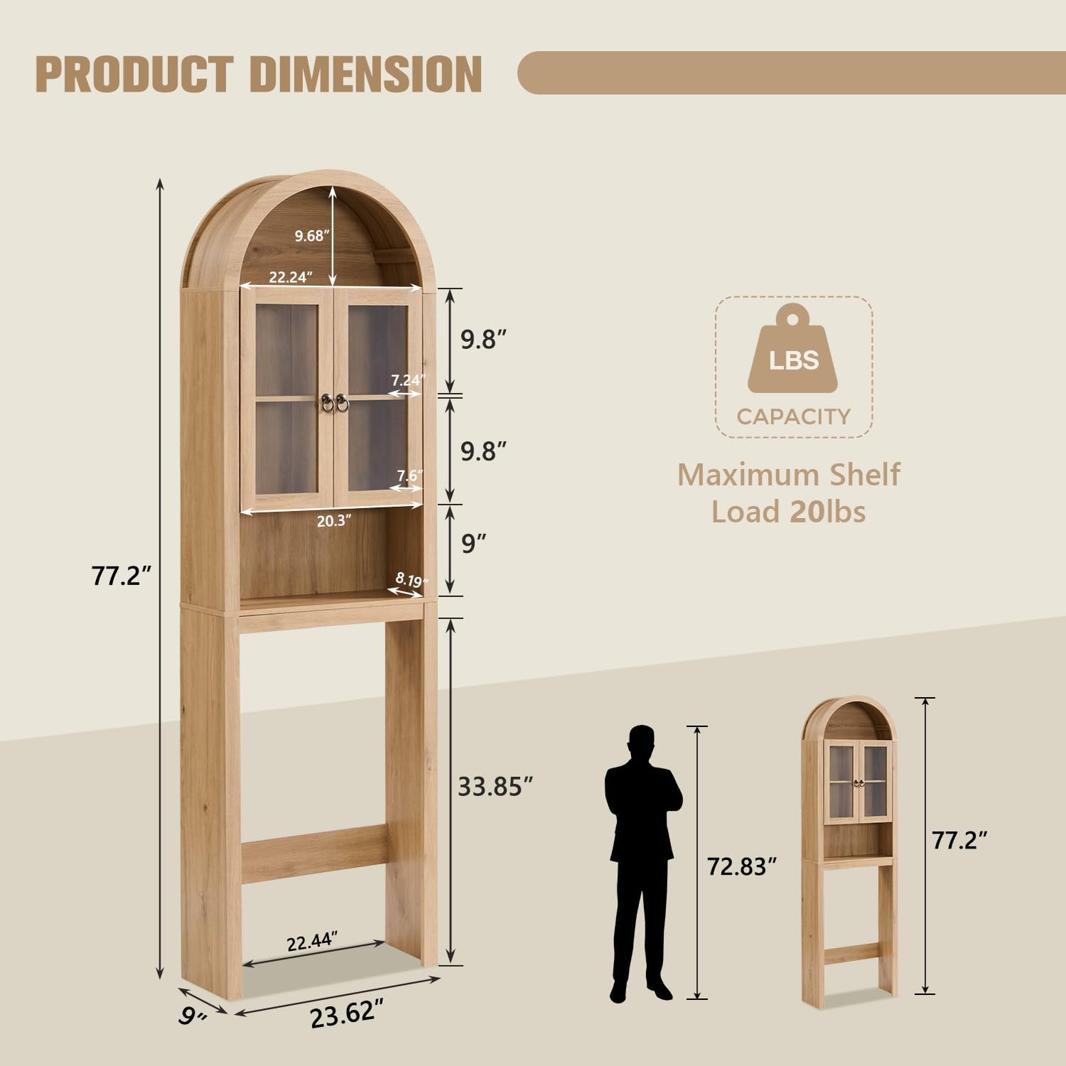 Arched Over The Toilet Storage Cabinet with Acrylic Doors, Modern Over Toilet Bathroom Organizer Shelf, Small Wooden