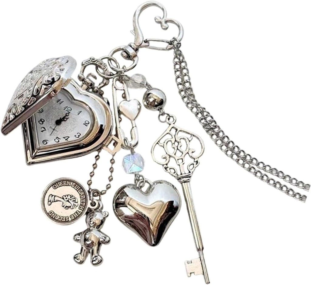 Cartoon Bear Shaped Flipped Lid Heart/Round Locket Keychain Necklace with Vintage Pocket Watch and Star