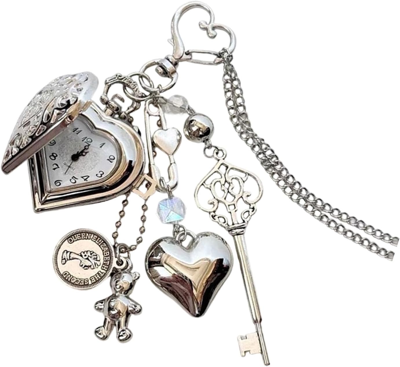 Cartoon Bear Shaped Flipped Lid Heart/Round Locket Keychain Necklace with Vintage Pocket Watch and Star