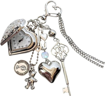 Cartoon Bear Shaped Flipped Lid Heart/Round Locket Keychain Necklace with Vintage Pocket Watch and Star