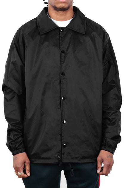 Men’s Coach Jacket – Classic Windbreaker Nylon Water Resistance Relaxed Fit Snaps Blank Coat, X-Large, Black