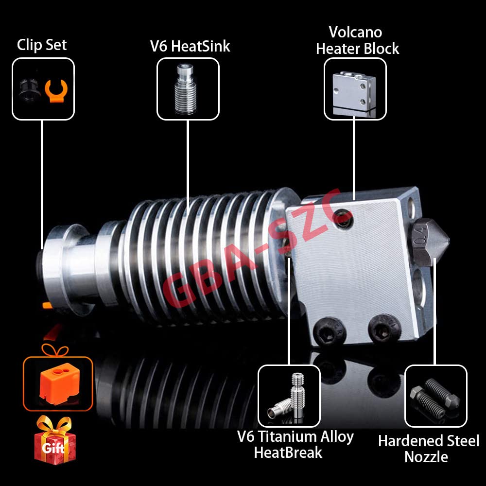 V6 Volcano Hotend All Metal Kit,Heatsink,Heater Block Titanium Alloy Heatbreak,Volcano Hardened Stee Nozzle for V6