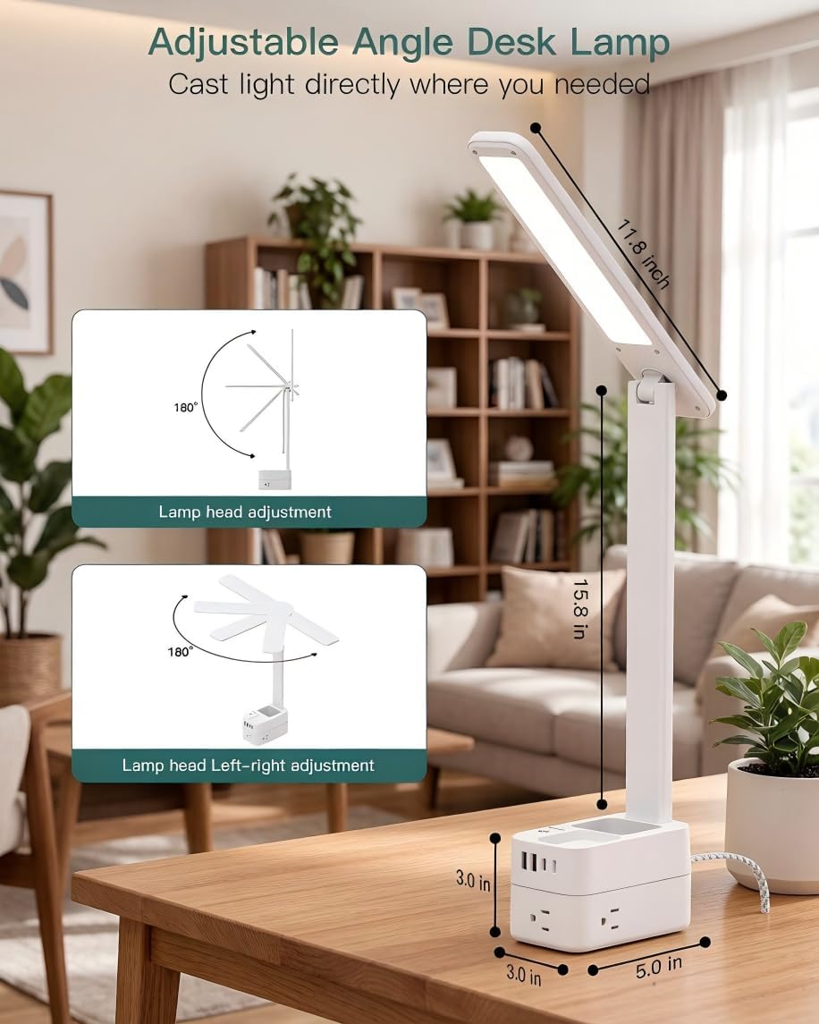 Desk Lamp with Pen Holder, LED Desk Lamps for Home Office, Power Strip with 3 Outlets 4 USB Charging Ports(2 USBC), 3