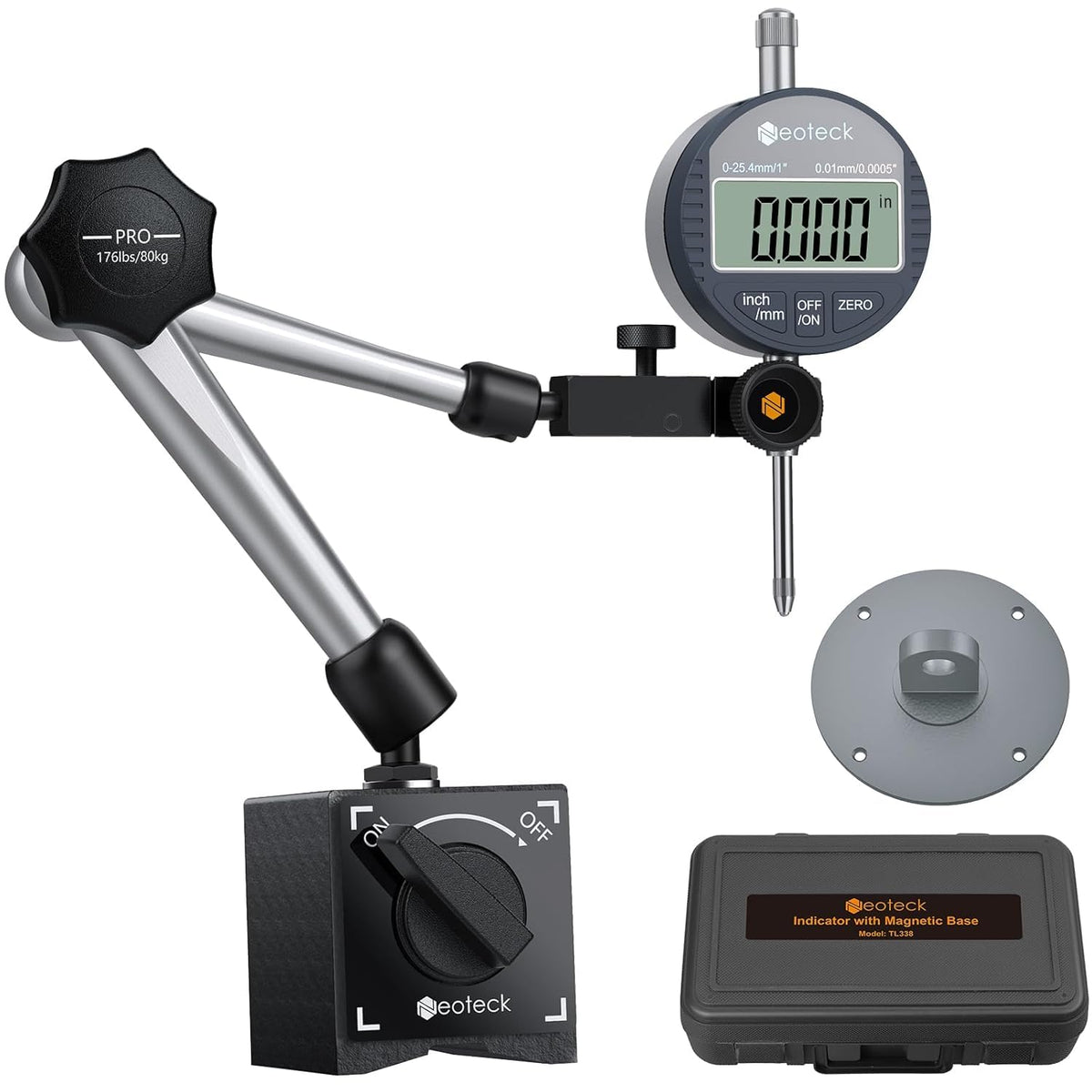 Neoteck 0-1"/0.0005" Digital Dial Indicator and 176lbs Magnetic Base Set