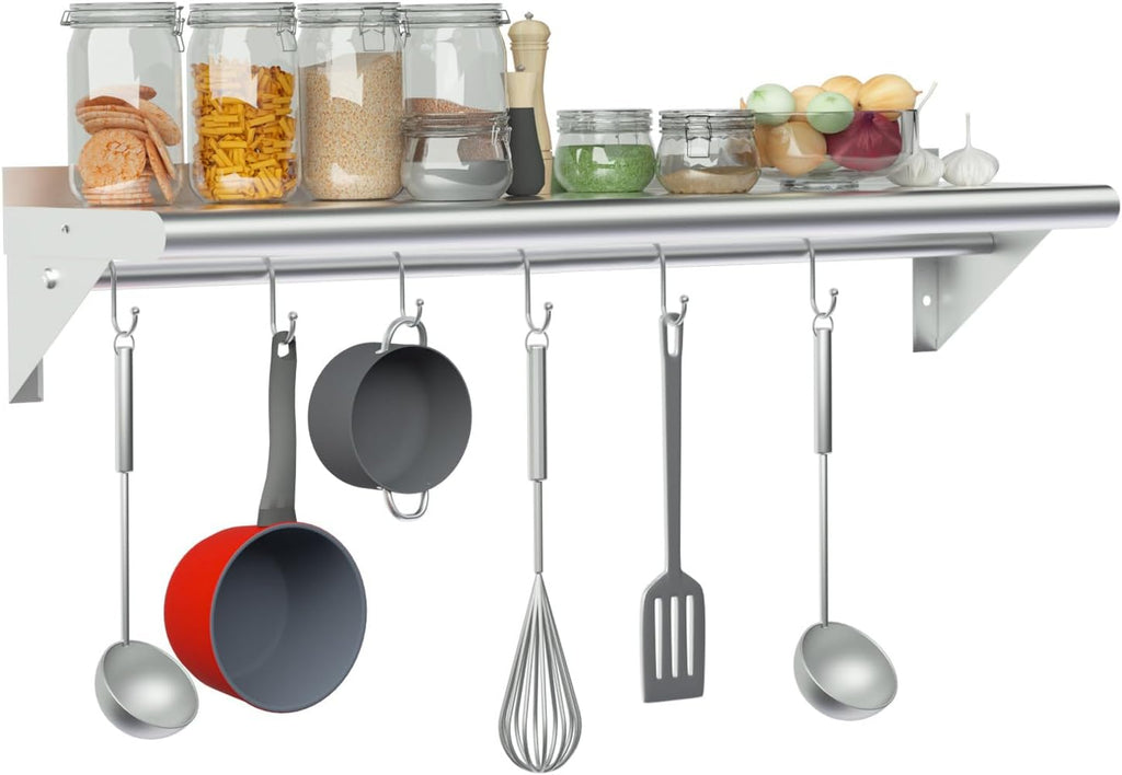 Stainless Steel Shelf with 6 Hooks 12" x 48" Commercial Pot Rack