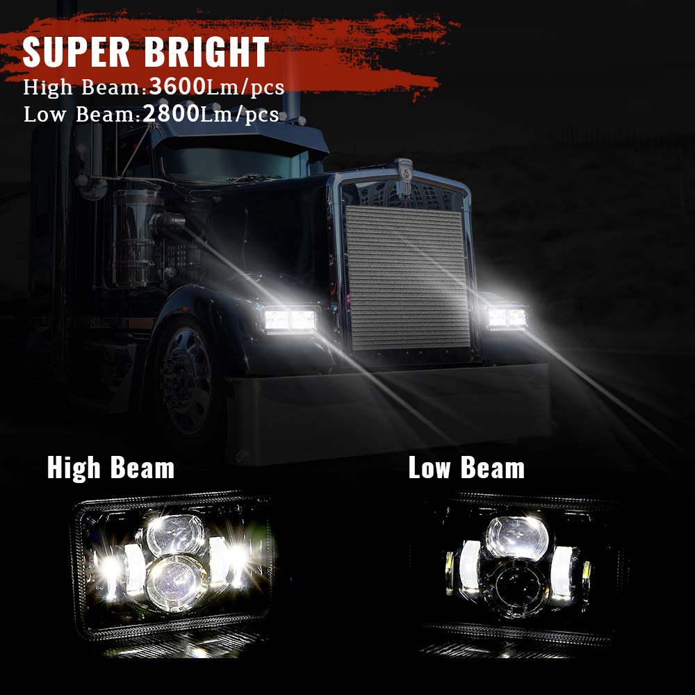 4 PCS DOT 4x6 Inch LED Headlights Rectangular Replacement H4651 H4652 H4656 H4666 H6545 Compatible with Peterbilt