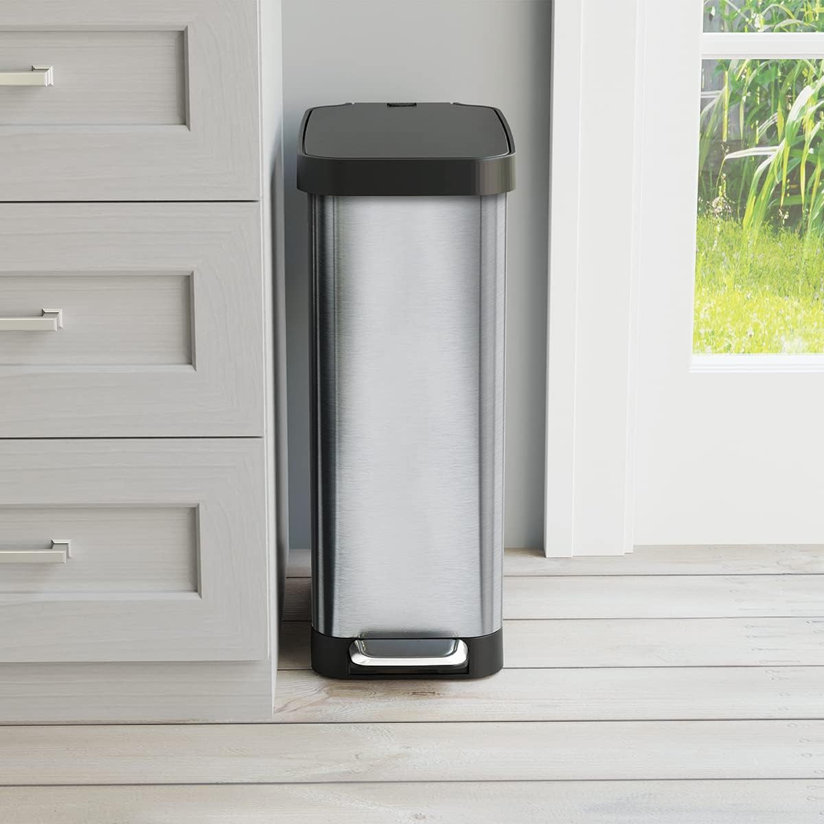 Slim Trash Can with Clorox Odor Protection - Narrow Kitchen Garbage Bin with Soft Close Lid, Step On Foot Pedal and