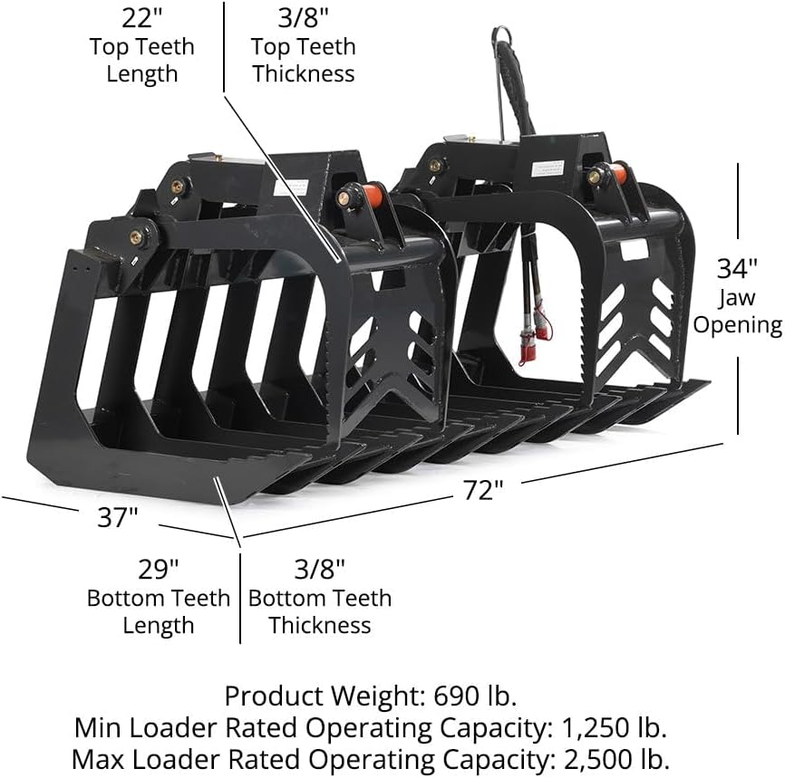 72" Grade 50 Standard Series Root Grapple Bucket for Skid Steers, Fits SSQA, Twin Hydraulic Cylinders for Medium-Duty