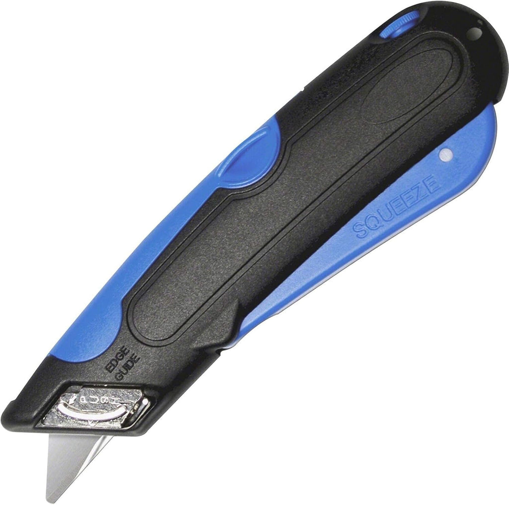 Self-Retracting Blade Safety Cutter, Left and Right Edge Guide, 3 Depth Setting, Preloaded with 3 Blades - Black/Blue