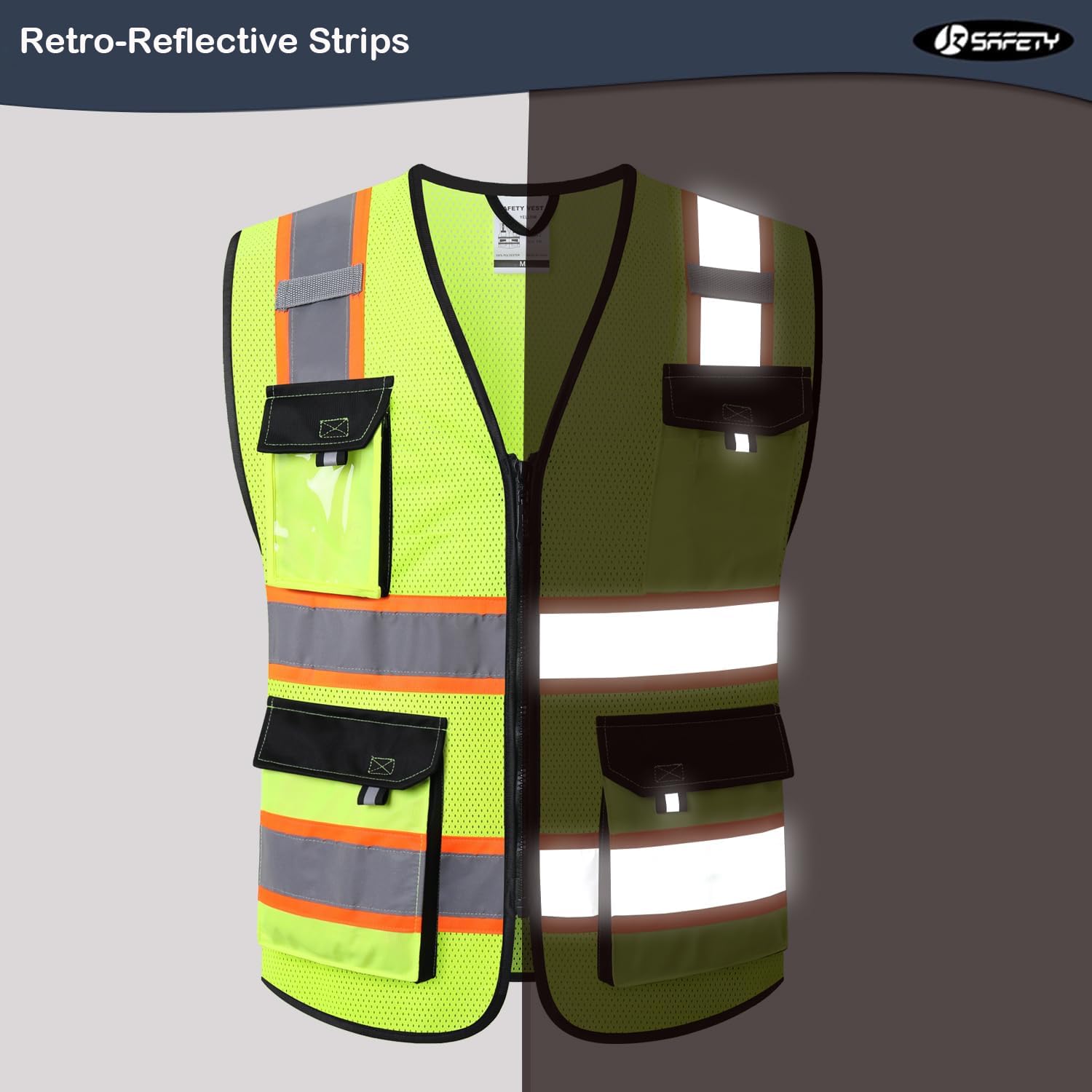 Safety Vest for Men Women Hi Vis Reflective Vest JK220 Yellow XL | ANSI Class 2, 5 utility Pockets 4 Reflective