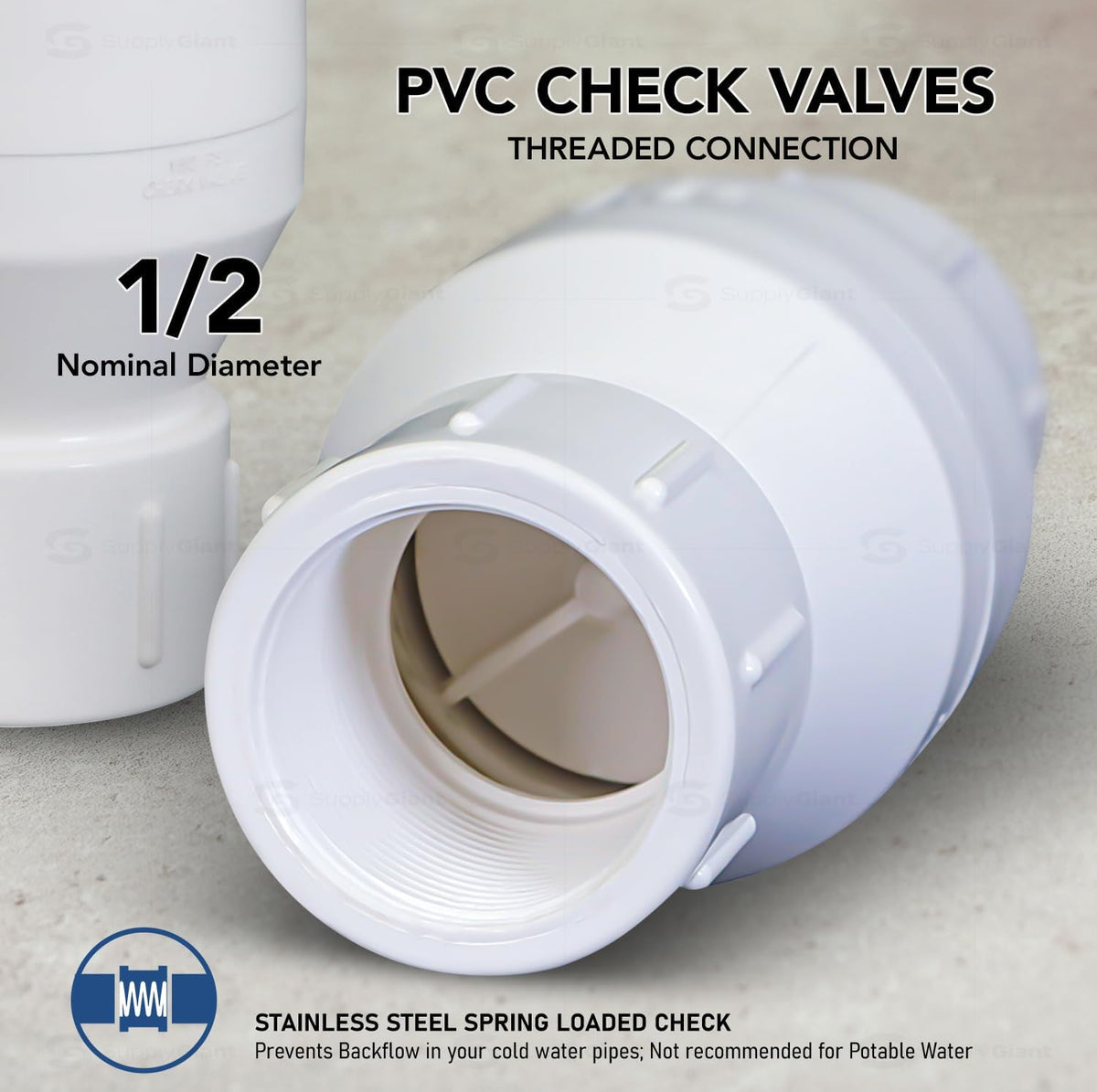 Midline Valve 4I2U12 PVC Inline Check Valve for Backflow Prevention 1/2'' FIP White Plastic
