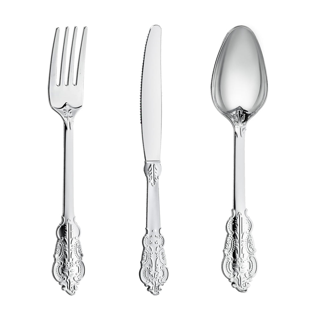 300PCS Silver Plastic Silverware, Vintage Disposable Utensils & Cutlery