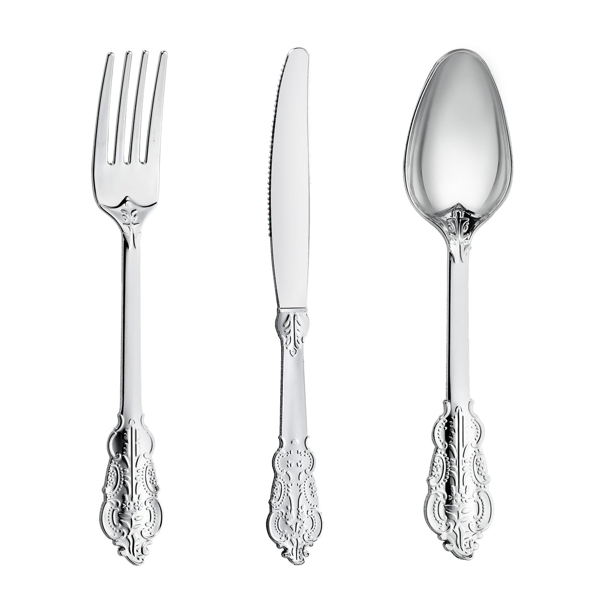 300PCS Silver Plastic Silverware, Vintage Disposable Utensils & Cutlery