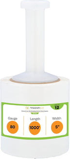 PSBM Dark White Mini Stretch Wrap with Plastic Handle 5" x 1000' 12 Rolls