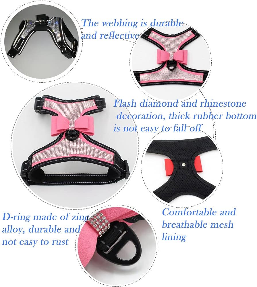 Reflective Dog Harness with Rhinestone, Cute Bling Ties Dog Harness Dog Leash, Reflective Chest Strap with Shiny Bow