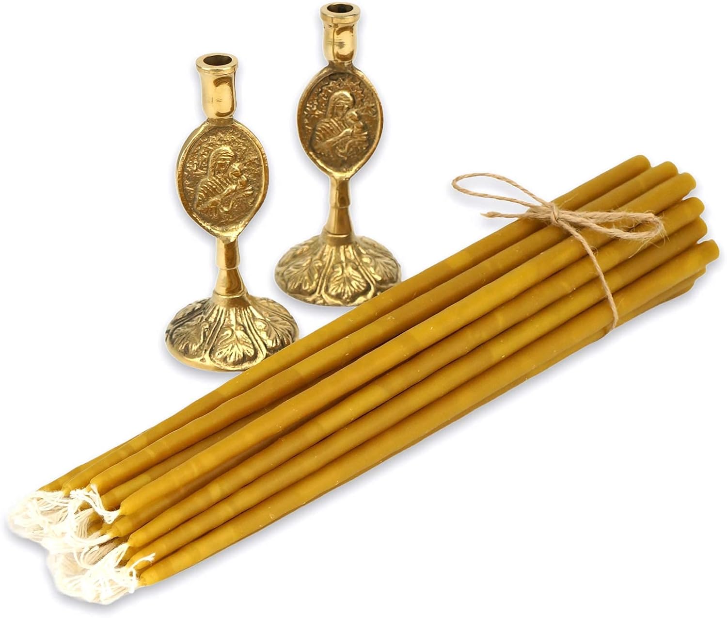 Set of 2 Theotokos Design Brass Candle Holders and 20 Pure Beeswax Church Candles, Orthodox Tapers, Home Altar
